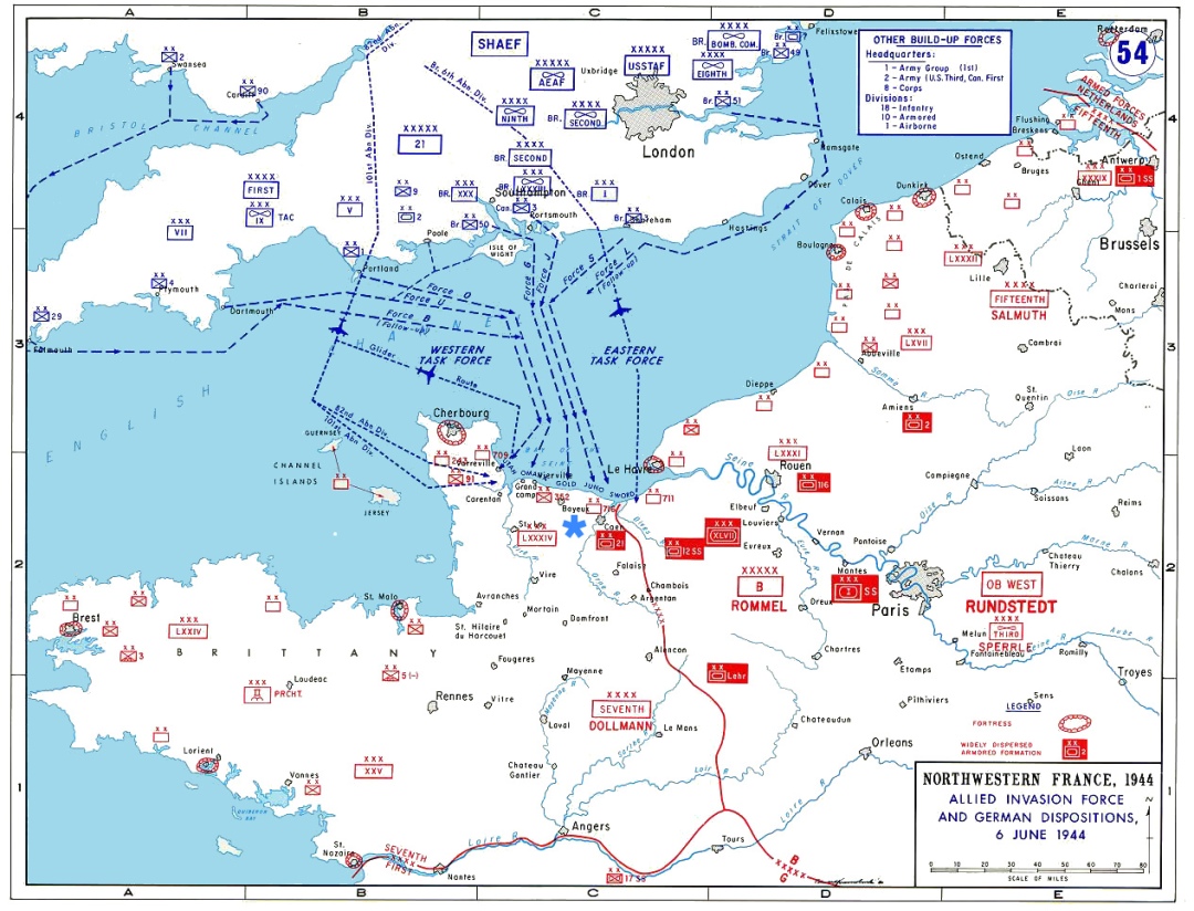 A map of the allied invasion in Normandy, with a star on Bayeux where we stayed (my own artistic touch). Used with a Creative Commons license.